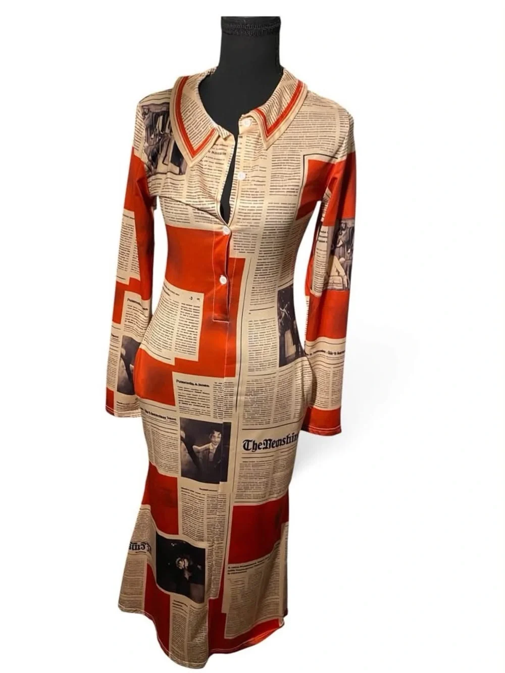 Newspaper Print Midi Dress in Red and Cream